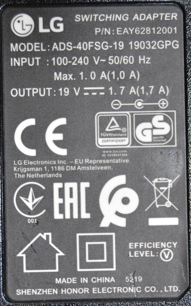 ADAP/LG/19V/1.7A/2 ADAPTER ORIGINAL model ADS-40FSG-19  for LG 19V 1.7A ,EAY62812001,