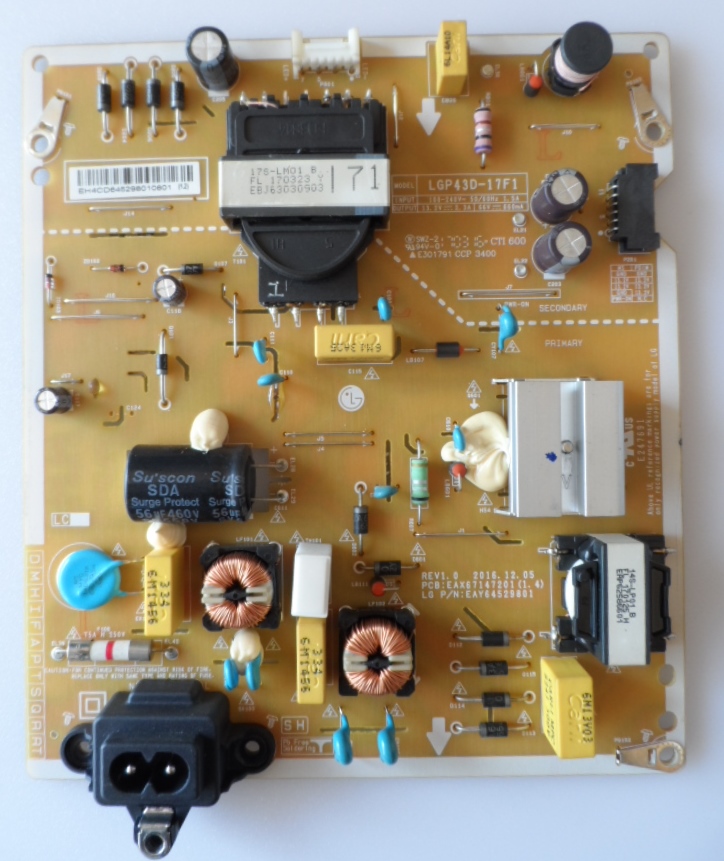 PB/LG/43LJ624V POWER BOARD ,LGP43D-17F1,EAX67147201(1.4),EAY64529801, for ,LG 43LJ624V,