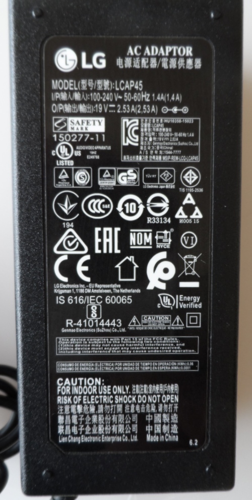 ADAP/LG/19V/2.53A ADAPTER ORIGINAL model, LCAP45, for LG 19V 2.53A