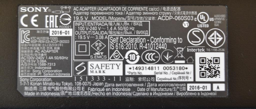 ADAP/SONY/19.5V/3.08A/1 ADAPTER ORIGINAL for SONY, 19.5V/3.08A, ACDP-060S03,