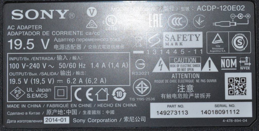 ADAP/SONY/19.5V/6.2A/1 ADAPTER ORIGINAL for SONY, 19.5V/6.2A, ACDP-120E02,