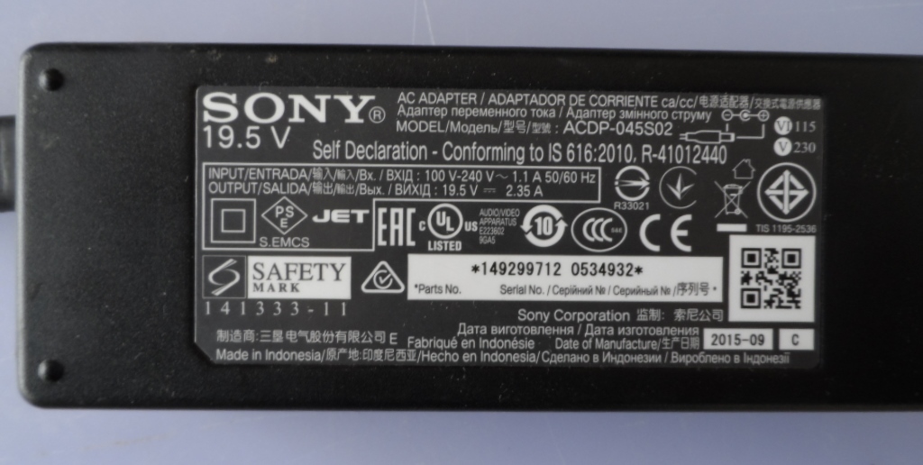 ADAP/SONY/19.5V/2.35A ADAPTER ORIGINAL for ,SONY 19.5V 2.35A, ACDP-045S02,