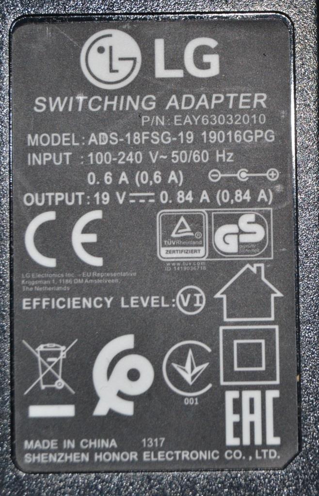 ADAP/LG/19V/0.84A ADAPTER ORIGINAL, model, ADS-18FSG,  for LG 19V 0.84A ,EAY63032010,