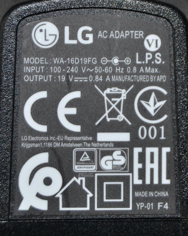 ADAP/LG/19V/0.84A/2 ADAPTER ORIGINAL, model ,WA-16D19FG, for LG 19V 0.84A ,