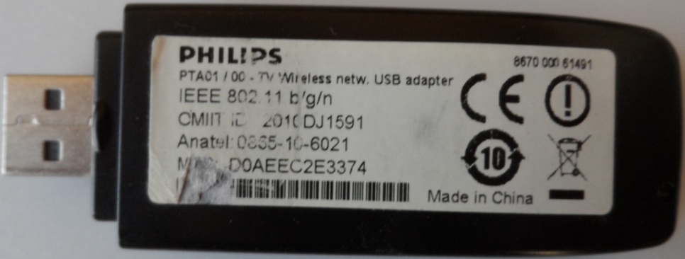 WI-FI/PH/32PFL3807 WI-FI DONGLE, PTA01/00, TV Wireless netw. USB adapter ,